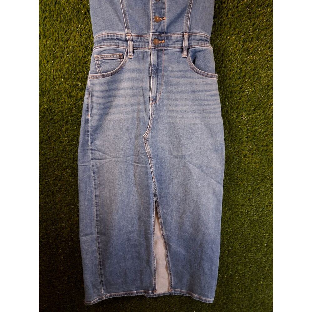 American Eagle Denim Tube Top Midi Dress Size 6 Blue Stretch Button Front Slit - Picture 2 of 11